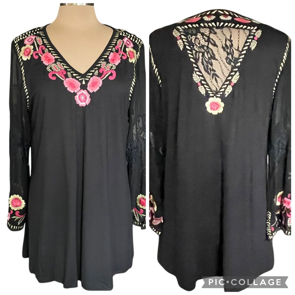 Vintage Collection Black Chiffon Floral Embroidery Lace V-neck Tunic Size L Boho